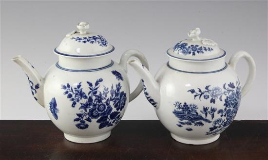 Two Worcester blue and white globular teapots and covers, c.1775-80, height 5.5in.